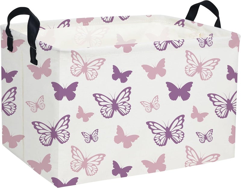 ESSME Rectangular Butterfly Baskets,Kids Storage Basket with Handles for Girls Room Decor, Girls Storage Bin（Purple Butterfly） - Image 1